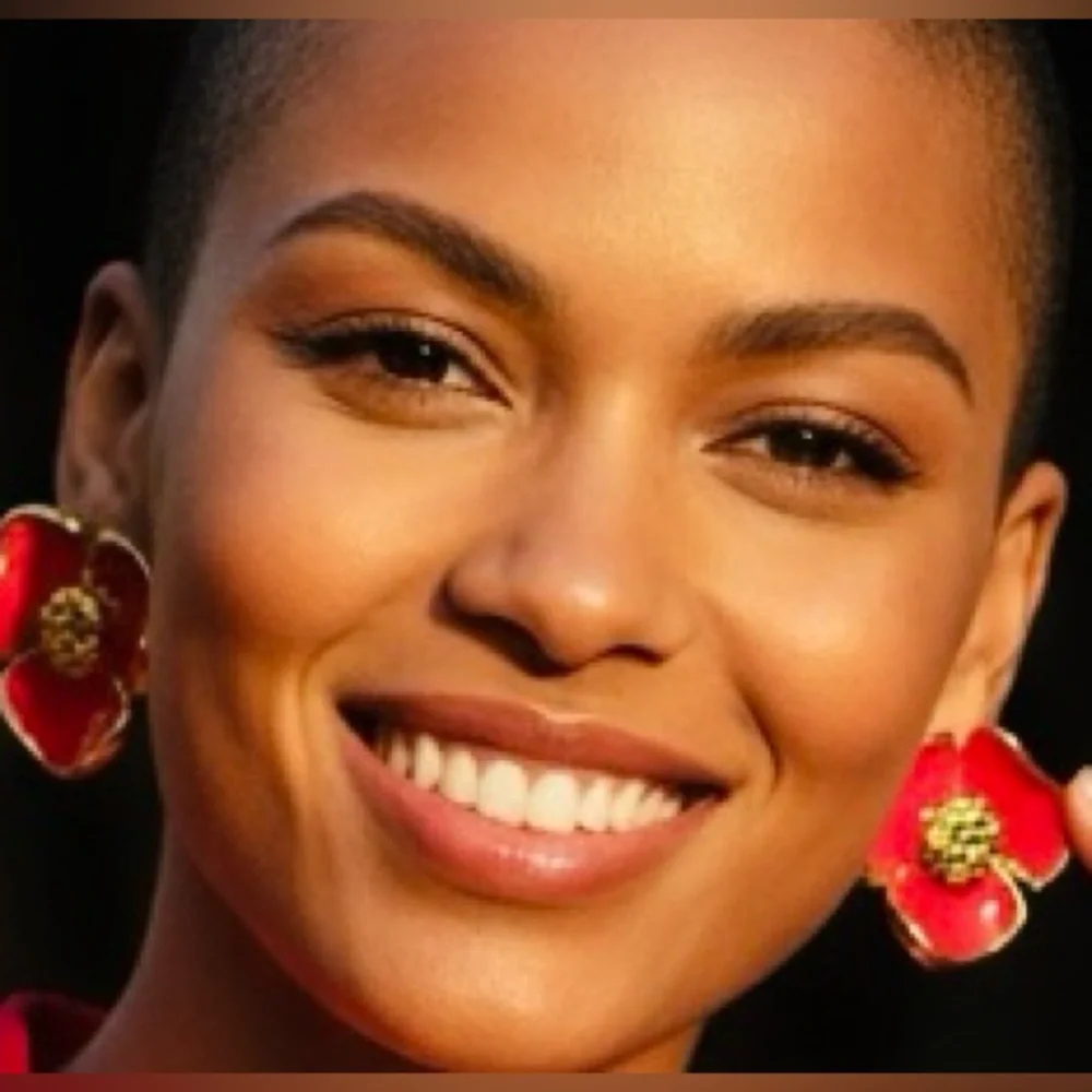 A-1DC-33: TORY BURCH Red Flower w/Gold Trimming Earrings, NWOT